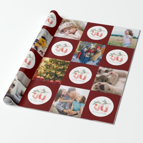 Multiphoto Merry  Bright Family Pattern Christmas Wrapping Paper
