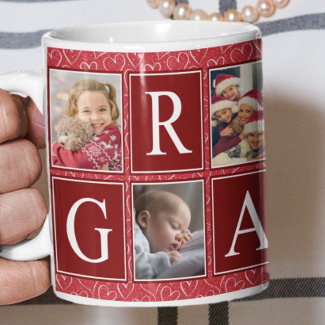 Multiphoto Red Heart Pattern Grandma Photo Coffee Mug (Creator Uploaded)
