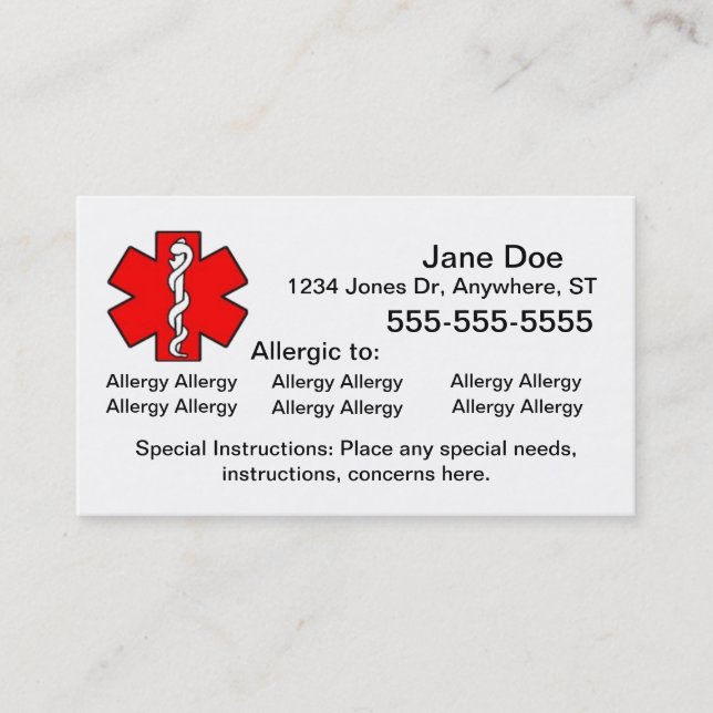 Multiple Allergy Cards - Emergency (Front)