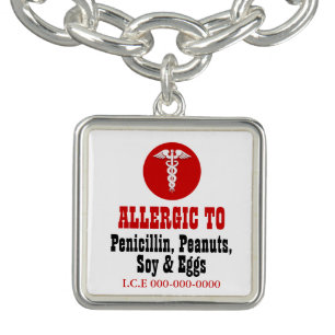 Multiple allergy medical warning caduceus charm bracelet
