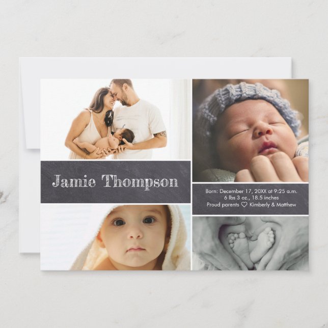 Multiple baby Photo Collage Chalkboard Custom name Announcement (Front)