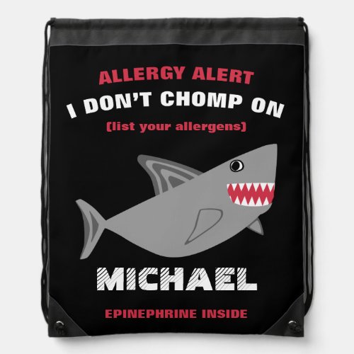 Multiple Food Allergy Alert Shark Drawstring Bag