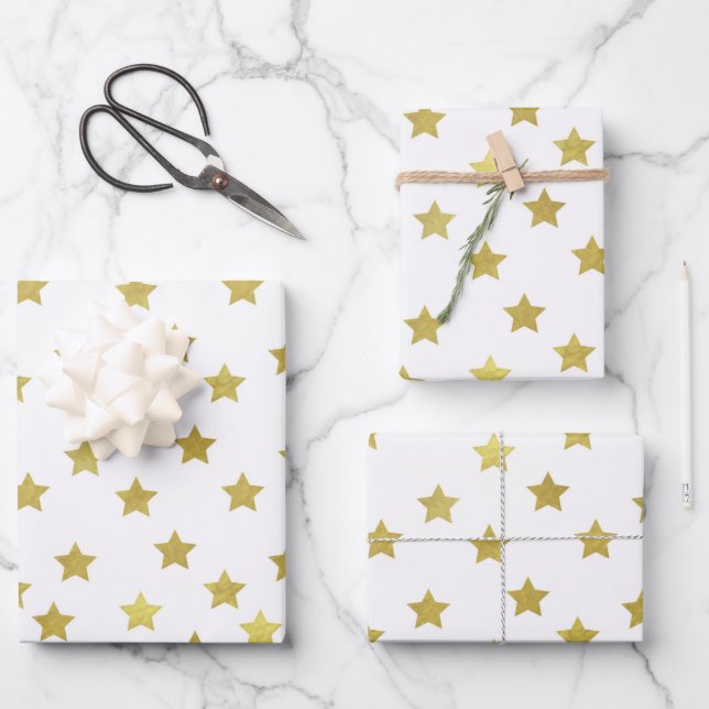 Multiple Golden Stars on White Background Wrapping Paper Sheets (Front)