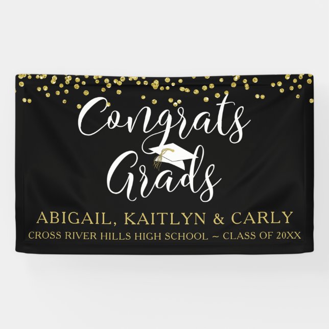 Multiple Grads Black Gold Confetti Congrats Banner (Horizontal)