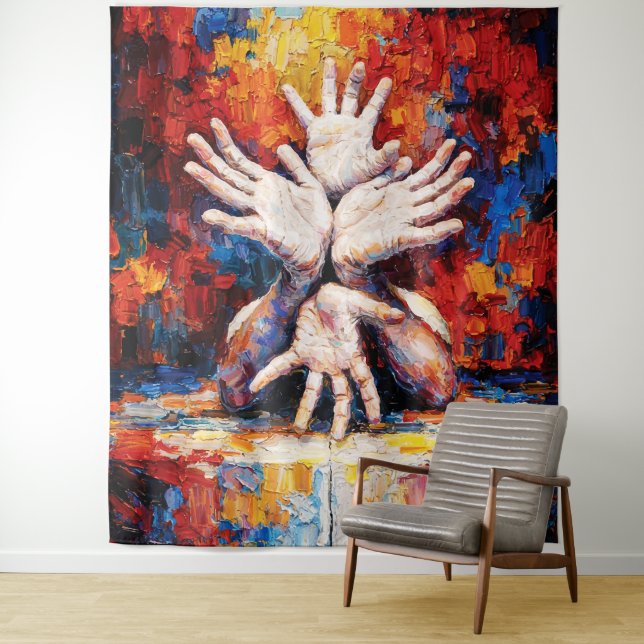 Multiple Hands Reaching Upward Expressive Abstract Tapestry (In Situ)