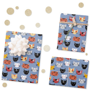 Multiple Kitty Cats Cute Pattern Blue Wrapping Paper Sheets