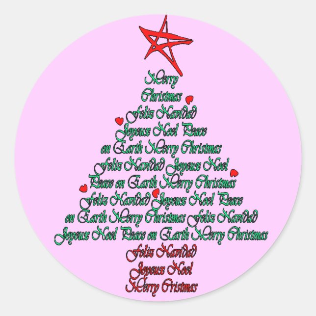 Multiple language christmas tree with star classic round sticker (Front)