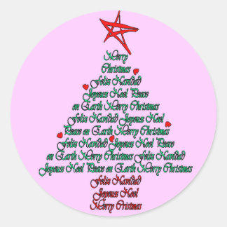 Multiple language christmas tree with star classic round sticker