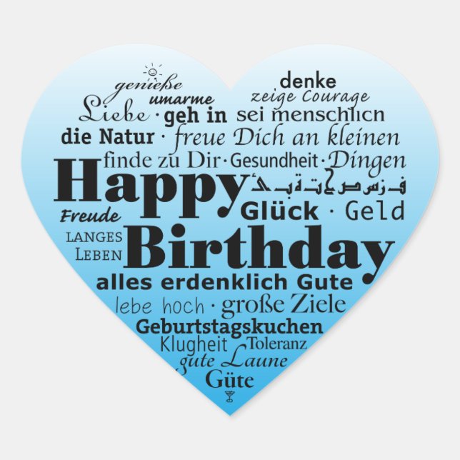 Multiple Language Happy Birthday Heart Sticker (Front)