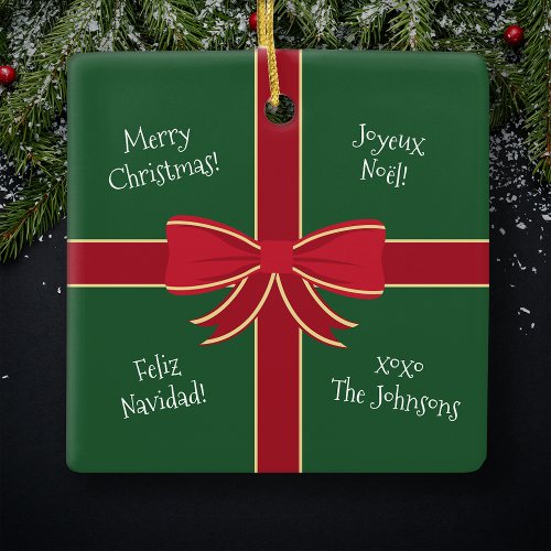 Multiple Language Merry Christmas Red and Green Ceramic Ornament