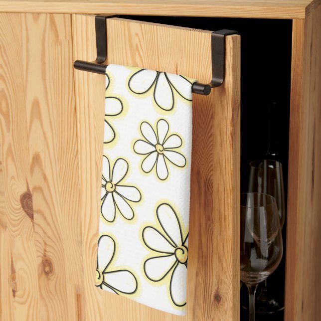 Multiple Large White Yellow Daisy Floral Pattern Kitchen Towel (Thirds Fold)