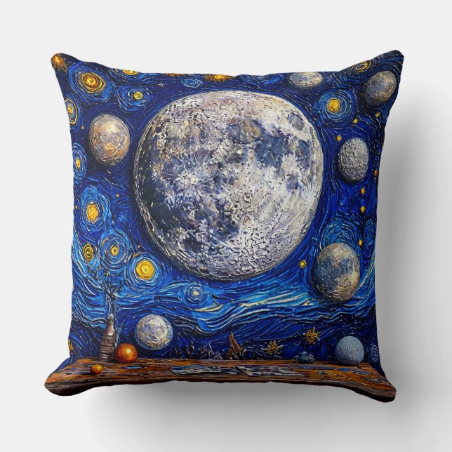 Multiple Moons Above a Martian-like Surface Throw Pillow (Front)