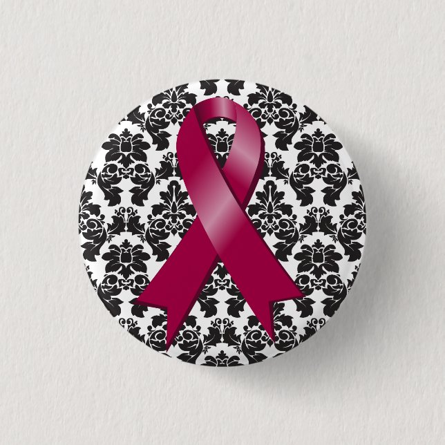 Multiple Myeloma Damask Burgundy Ribbon Button (Front)