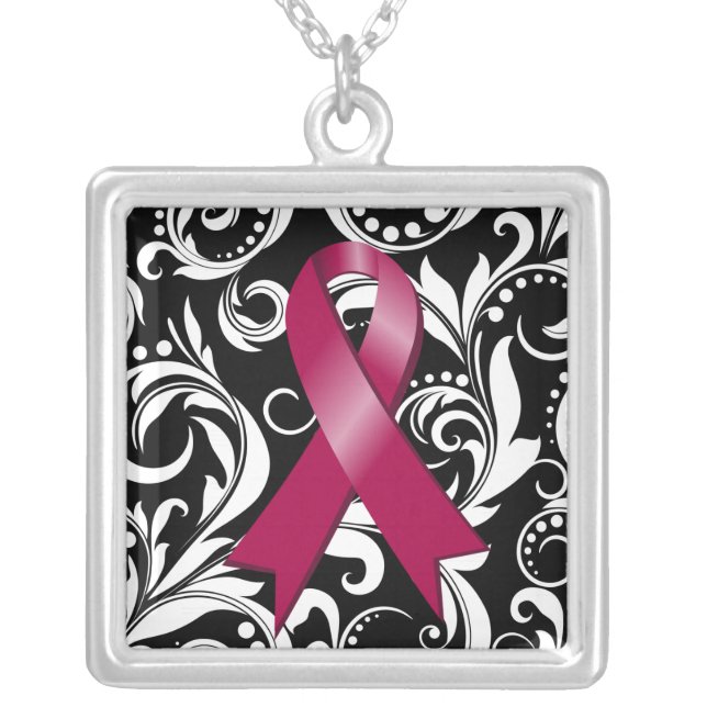 Multiple Myeloma Ribbon Deco Floral Noir Silver Plated Necklace (Front)