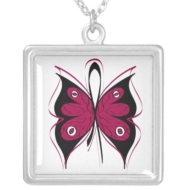 Multiple Myeloma Stylish Butterfly Ribbon Silver Plated Necklace (Front)