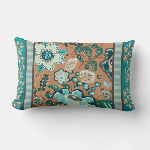 Multiple Patterns Teal GreenRust Gold Flowers Lumbar Pillow