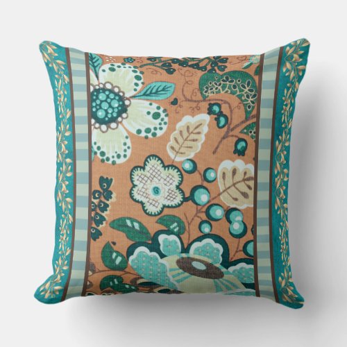 Multiple Patterns Teal GreenRust Gold Flowers Throw Pillow