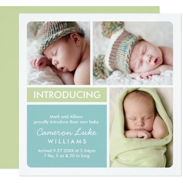 Multiple Photo Birth Announcement | Aqua, Green