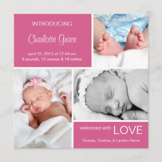 Multiple Photo Birth Announcement//Fuchsia Pink Announcement