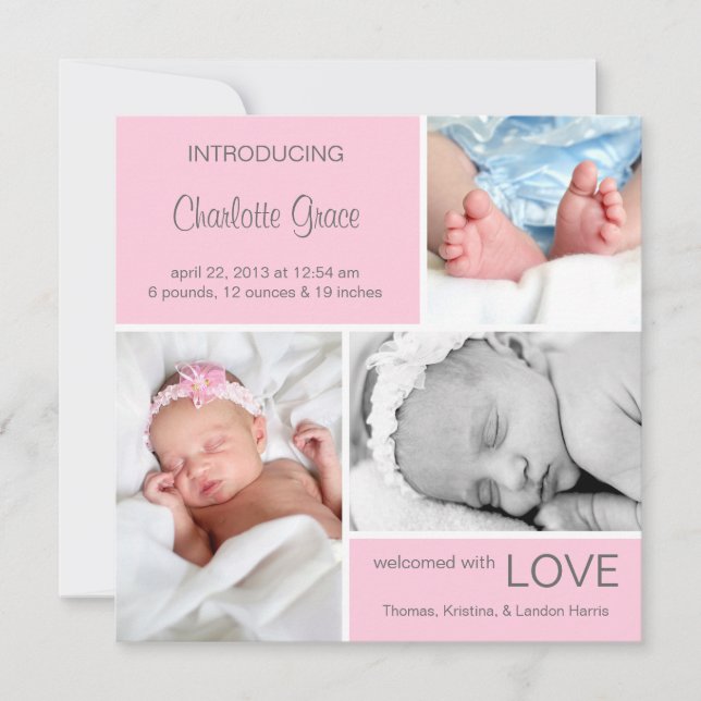 Multiple Photo Birth Announcement//Light Pink Announcement (Front)