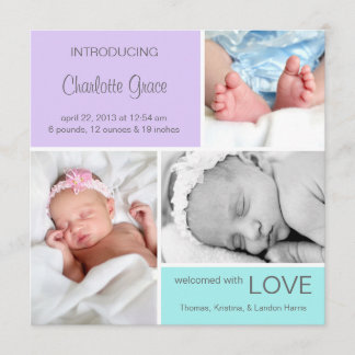 Multiple Photo Birth Announcement//Purple Aqua Announcement