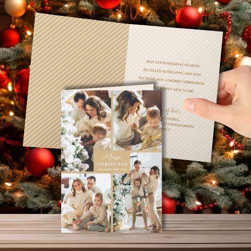 Multiple Photo Merry Christmas Folded Gold Holiday Card