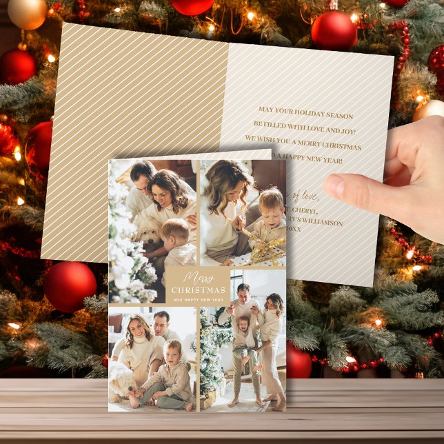 Multiple Photo Merry Christmas Folded Gold Holiday Card (Creator Uploaded)