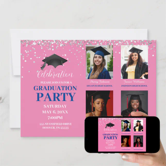 Multiple Photo pink and blue Graduation Party Invitation Zazzle