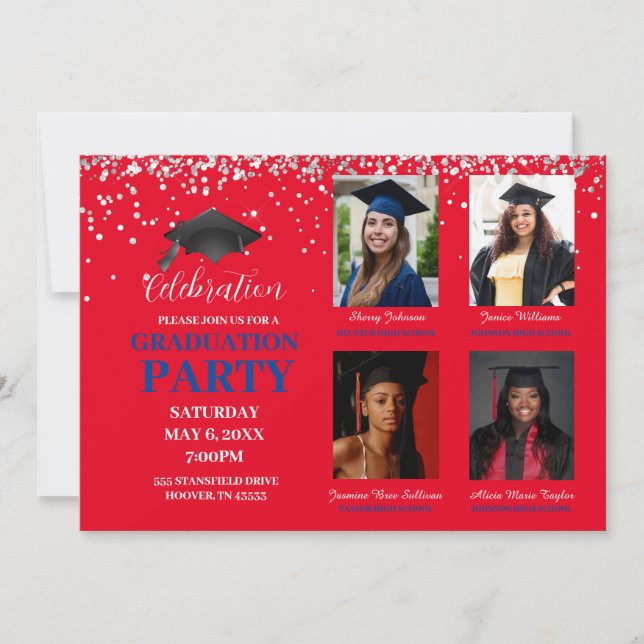 Multiple Photo red and blue Graduation Party  Invitation (Front)