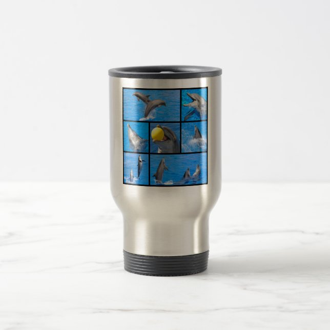 Multiple photos of dolphins travel mug (Center)