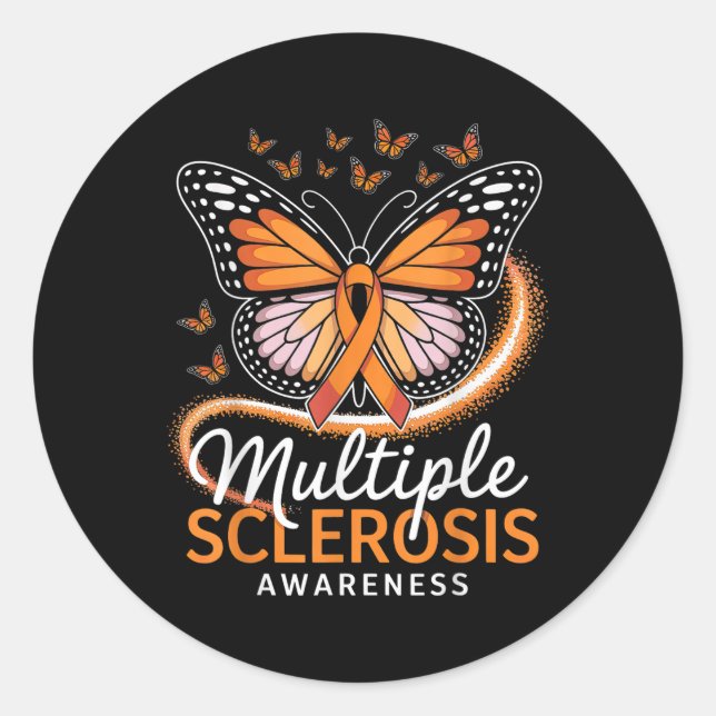 Multiple Sclerosis Awareness Butterfly Orange Ribb Classic Round Sticker (Front)