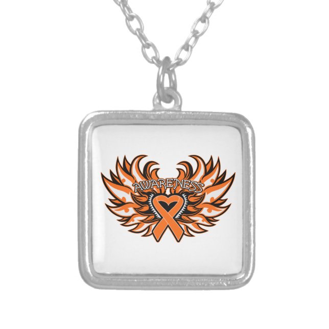 Multiple Sclerosis Awareness Heart Wings Silver Plated Necklace (Front)