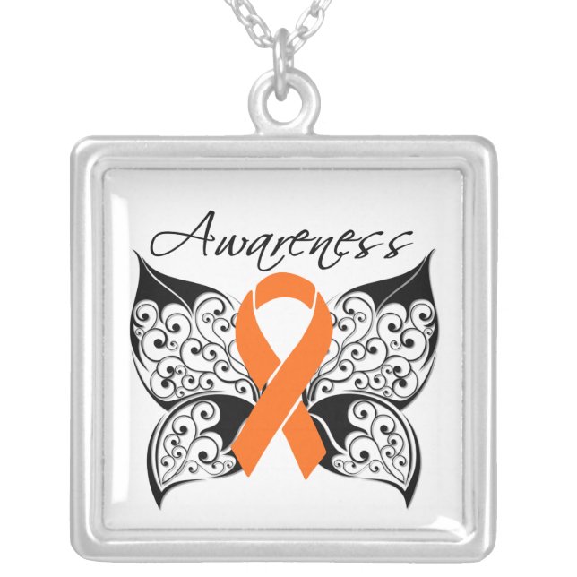 Multiple Sclerosis Awareness Tattoo Butterfly Silver Plated Necklace (Front)