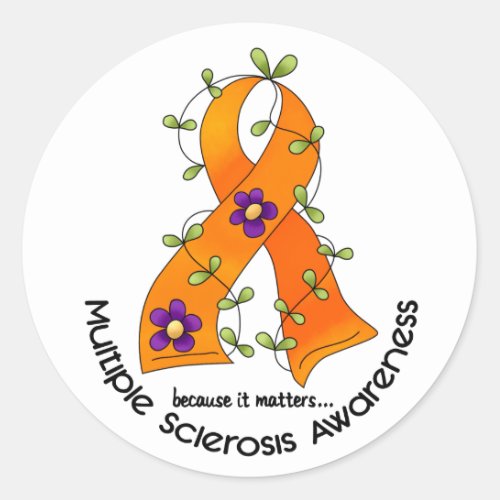 Multiple Sclerosis FLOWER RIBBON 1 Classic Round Sticker