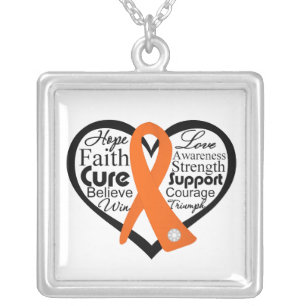 Multiple Sclerosis Heart Ribbon Collage Silver Plated Necklace