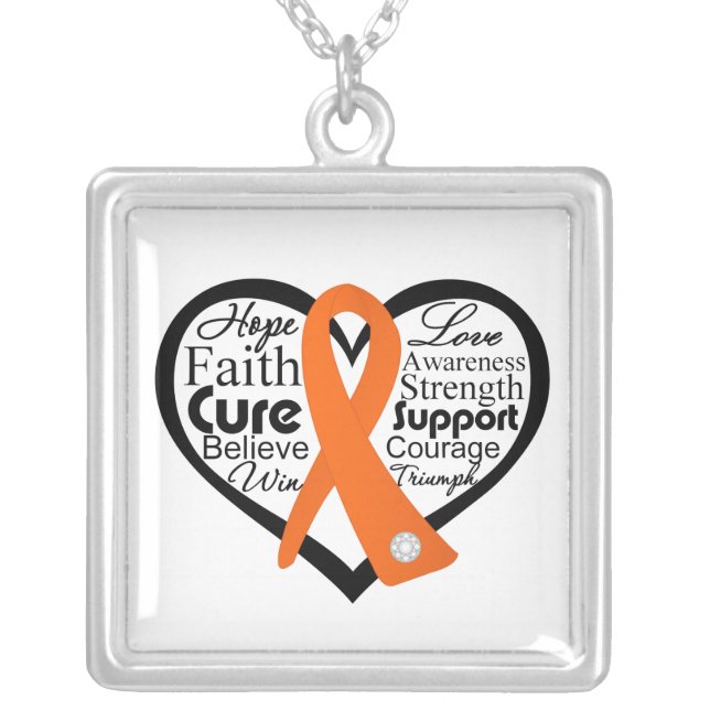 Multiple Sclerosis Heart Ribbon Collage Silver Plated Necklace (Front)