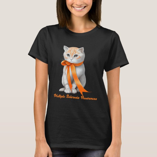 Multiple Sclerosis MS Awareness Cute Cat Wear Oran T-Shirt (Front)