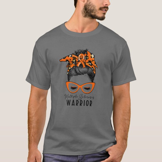 Multiple Sclerosis Warrior Leopard Messy Bun MS Wa T-Shirt (Front)
