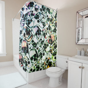 multiple skulls in neon green shower curtain