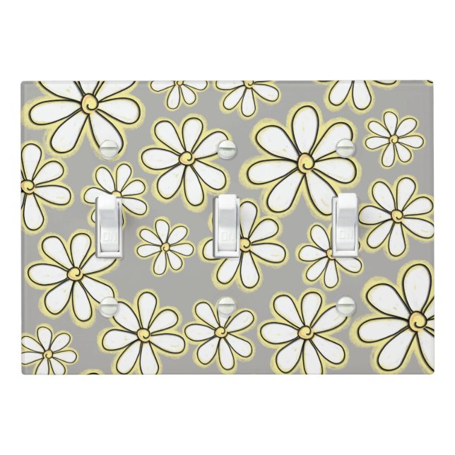 Multiple White Yellow Daisy Flowers On Gray Light Switch Cover (In Situ)