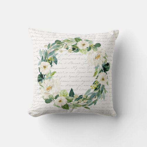 Multiple Wreath French Script Farmhouse Cottage Throw Pillow