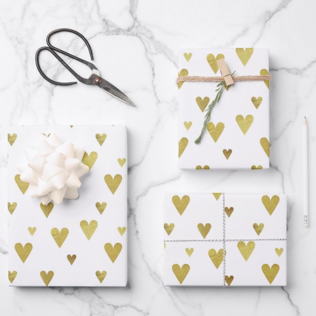 Multiples Golden Hearts on White Background Wrapping Paper Sheets (Front)