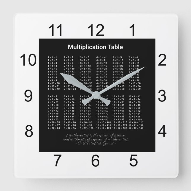 Multiplication Table White Text On Dark Square Wall Clock (Front)