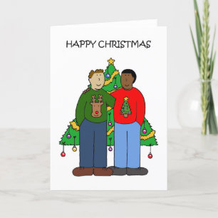 Multiracial Male Gay Couple Happy Christmas Holiday Card