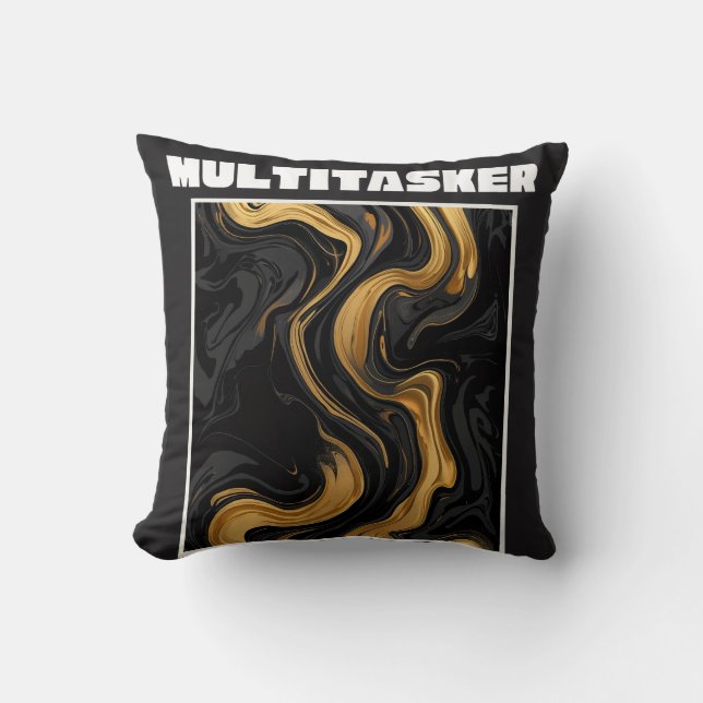 Multitasker Gold & Black Liquid Marble Abstract Throw Pillow (Front)