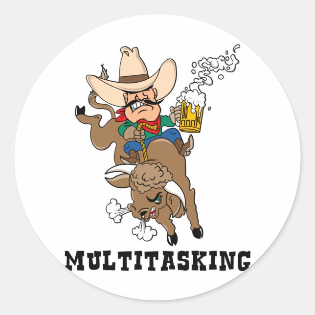 Multitasking Bull Rider Classic Round Sticker (Front)