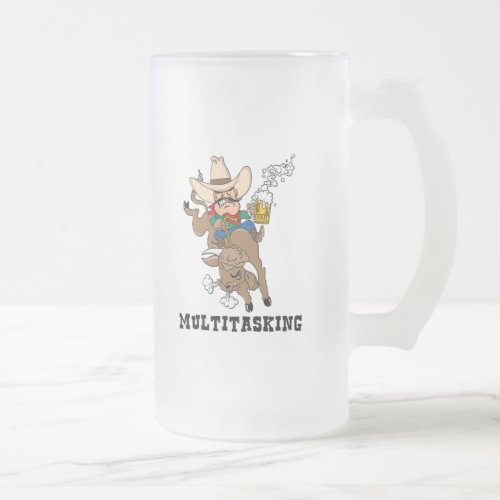 Multitasking Bull Rider Frosted Glass Beer Mug