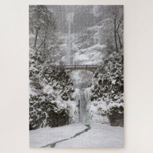 Multnomah Falls covered in Winter Snow and Ice Jigsaw Puzzle