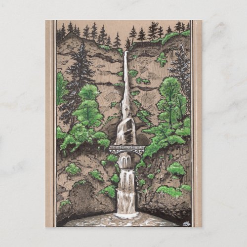 Multnomah Falls Portland Oregon landscape drawing Postcard