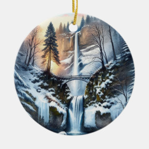 Multnomah Falls Snowy Christmas Tree Ceramic Ornament